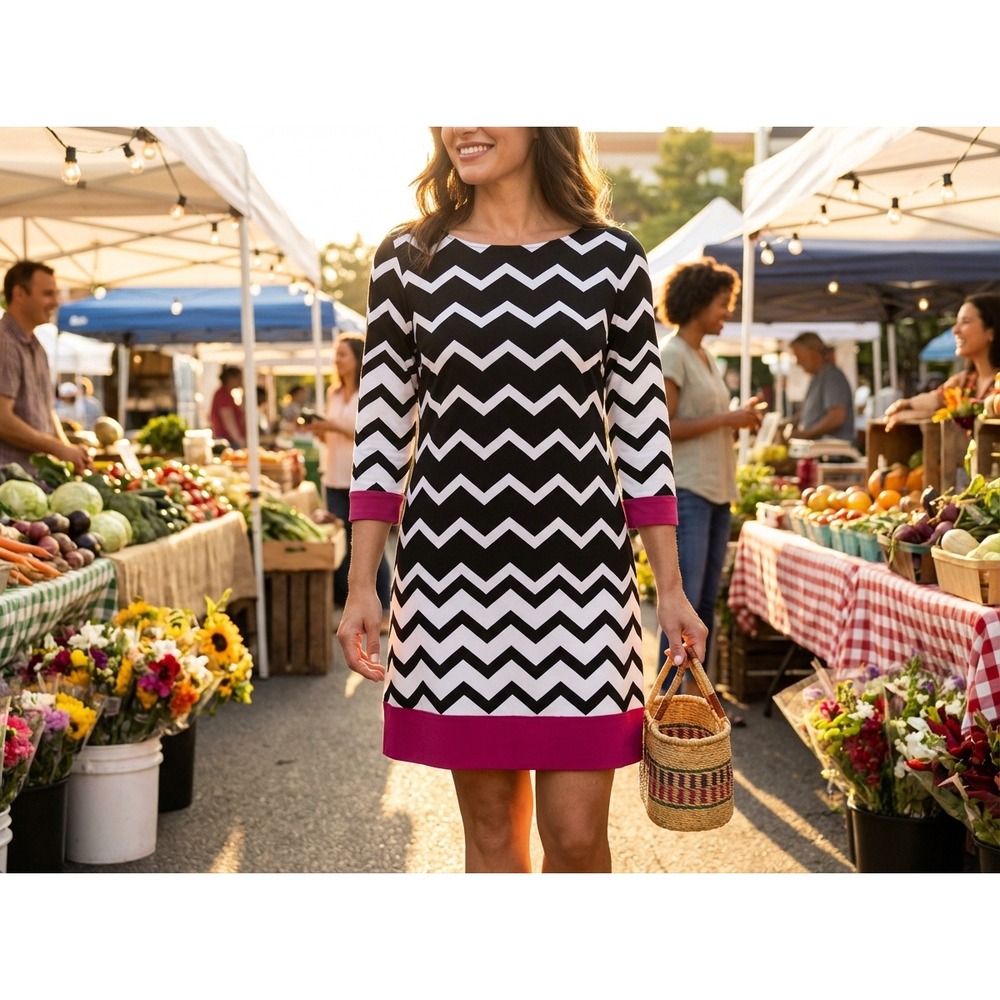 Neiman Marcus Black White Chevron Pink Trim 3/4 Sleeve Dress‎ Size 12 Made USA